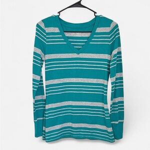 Mossimo Teal and Gray Striped Long Sleeve V-neck Top, Size Small